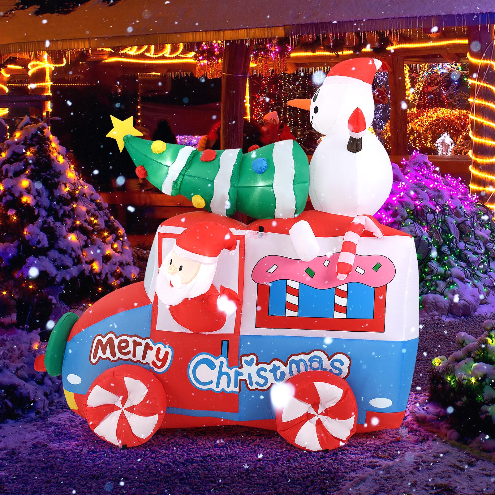COSTWAY Papá Noel Inflable de 177 CM en Coche de Navidad, Vehículo Inflable con Papá Noel, Muñeco de Nieve, Árbol de Navidad y Corona, 5 Luces LED Internas (170cm Coche)