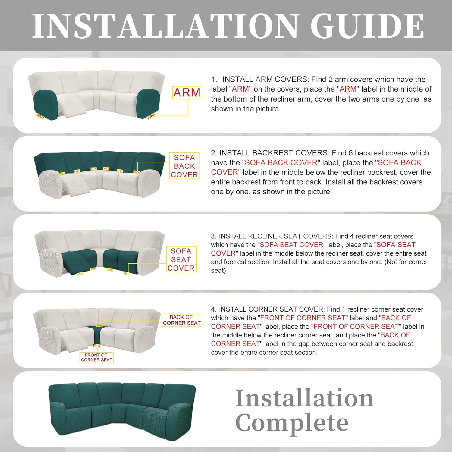 100% Waterproof Sectional Recliner Couch Covers for Reclining Couch L Shaped Corner Sectional Sofa Cover Jacquard Stretch L Shape Recliner Slipcovers (5 Seater Cover, Peacock Blue)