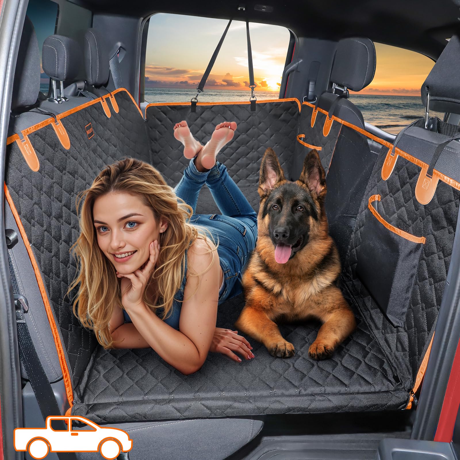 MIXJOYXL Dog Back Seat Extender for Truck, Hard Bottom Dog Car Seat Cover for Back Seat, Waterproof Dog Backseat Cover for Crew Cab Truck and Large SUV, Waterproof Backseat Dog Hammock for Truck