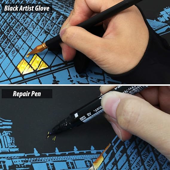 Scratch Art Tools, 9 Pcs Scratching Drawing Tools Set: Artist Glove, Tools Bag, Scratch Coloring Pens, Plastic and Wooden Stylus, Scraper, Repair Pen, Clean Brush for Adults & Teens Painting Paper