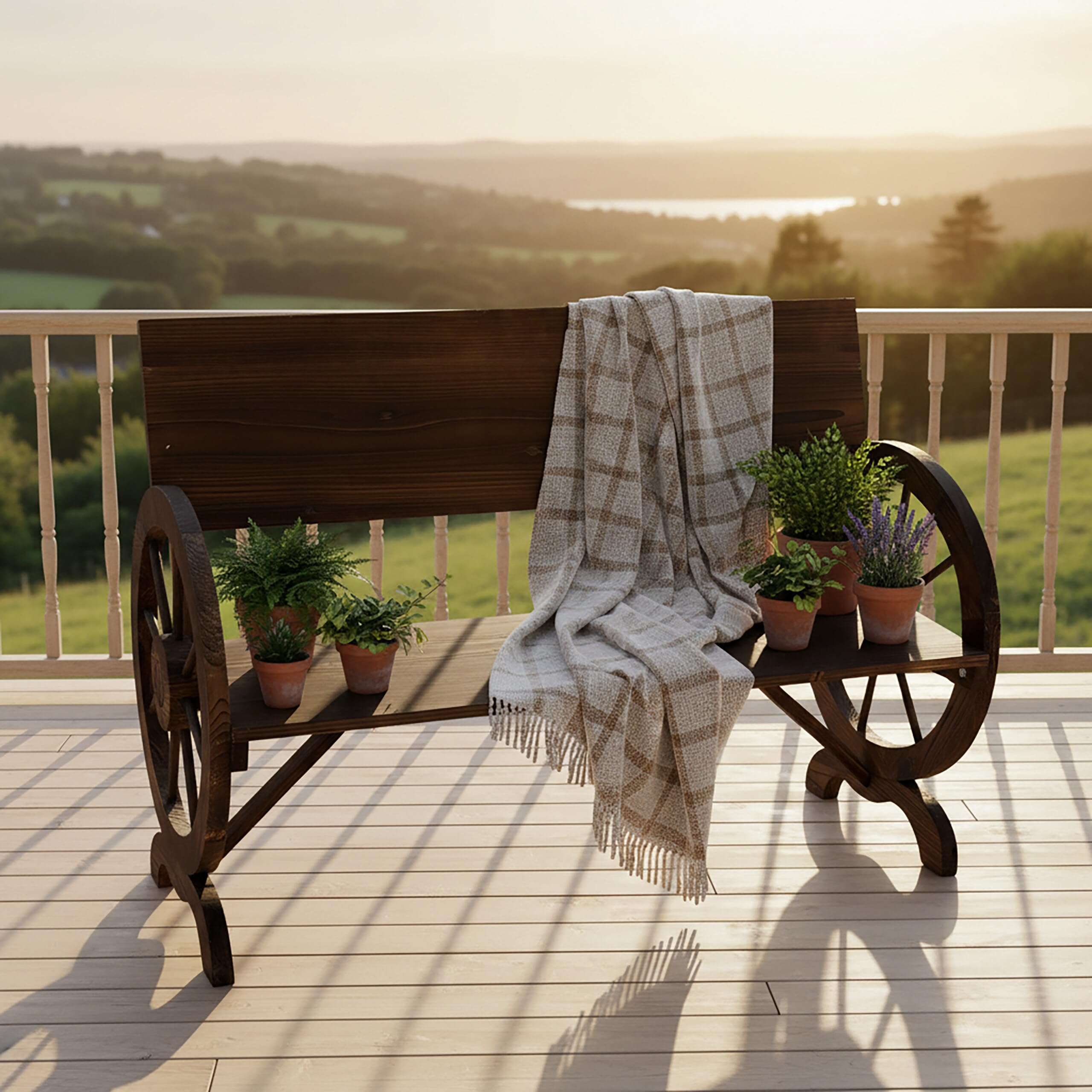 Relaxdays Ławka ogrodowa, rustykalna 2-osobowa z podłokietnikami na koła wozu, 80 x 114 x 58 cm, brązowa