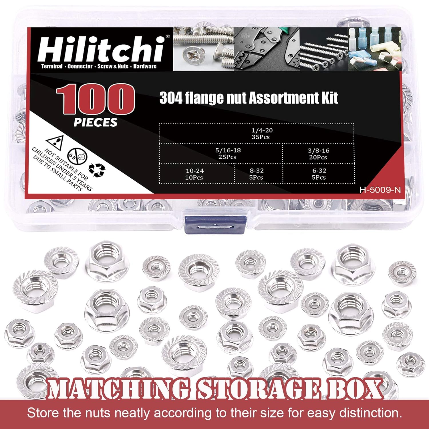 Hilitchi 100Pcs 304 Stainless Steel Serrated Flange SAE Hex Lock Nuts 1/4-20 5/16-18 3/8-16 10-24 8-32 6-32 Bright Finish Hex Flange Nuts Assortment Kit (Pack of 2)