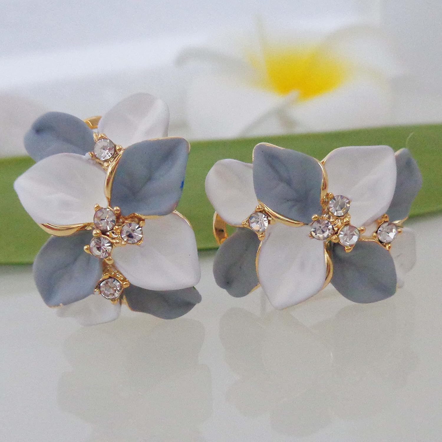 Navachi 18k Gold Plated White Crystal Double Enamel Leaves Flower Omega Back Earrings - Image 5