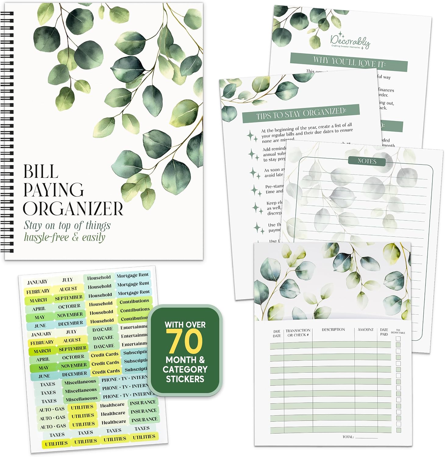 Decorably Eucalyptus Monthly Bill Organizer with Pockets and Budget Planner