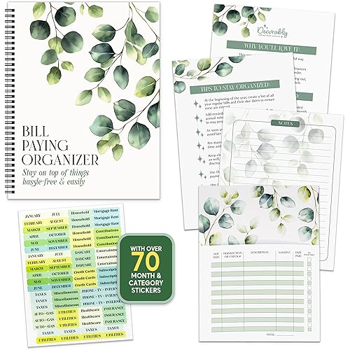 Decorably Bill Organizer with Pockets, 14 Pocket Pages 9x12in Eucalyptus Monthly Bill Paying Organizer with Pockets 2025 with Notes & Stickers for Tracking Payments, Expenses & Receipts for Home, Work