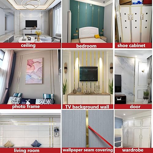 Miniatura 5 de Moldura metálica flexible de 16.4 pies autoadhesiva, moldura de pared dorada, cinta decorativa como espejo para pared, espejo, muebles, puerta,