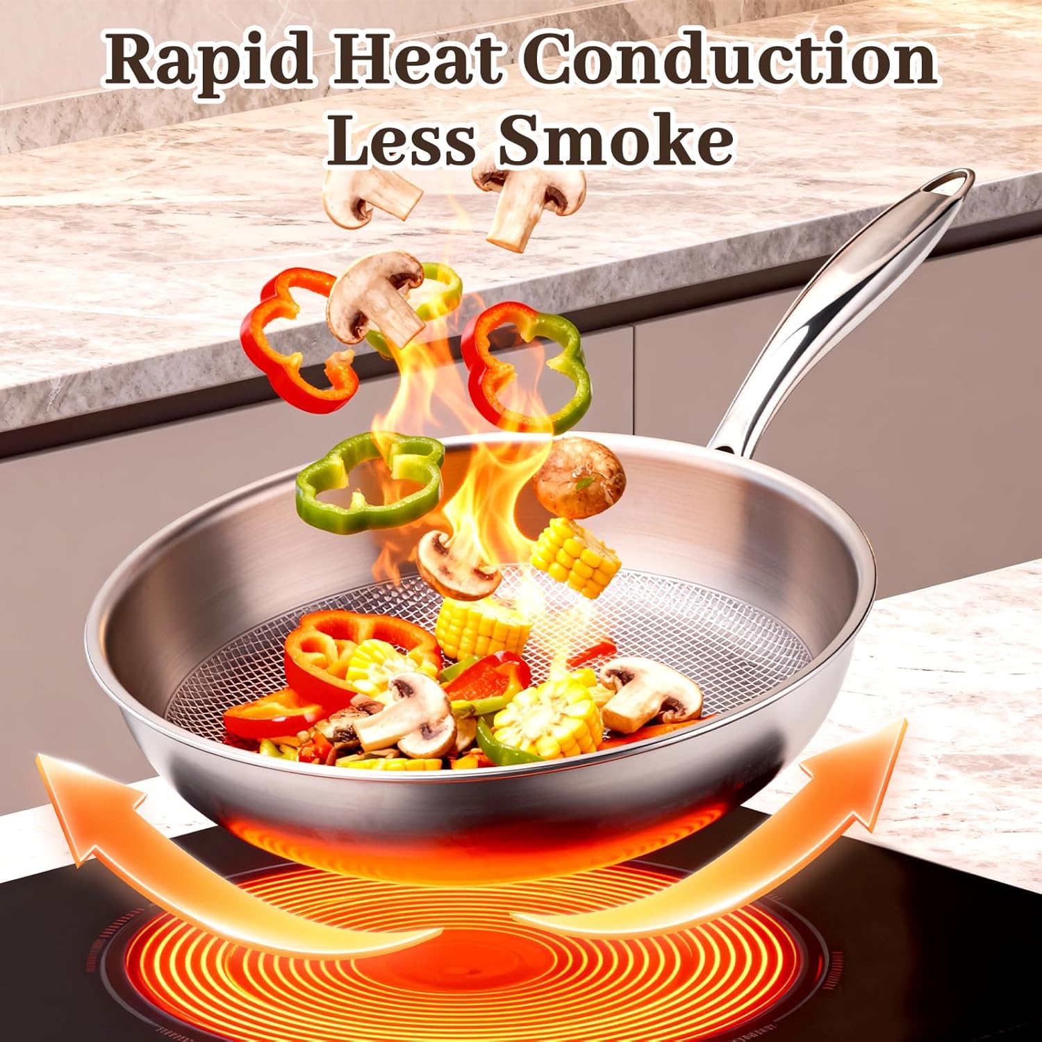 9.45 Inch Titanium Pan,99.6% Titanium Frying Pan for Cooking Healthy Non-Toxic Cookware with Lid Plateful Pan for Even Heating, Induction Compatible, Oven & Broiler Safe - Image 3