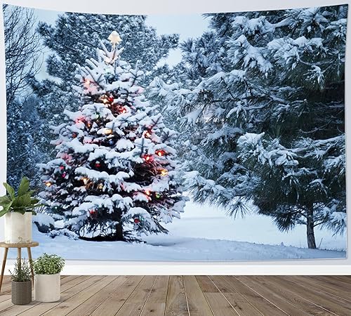 Miniatura 3 de LB Tapiz de árbol de Navidad, escena de invierno, bosque de pinos de Navidad, tapiz de pared cubierto de nieve para dormitorio, paisaje de invierno,