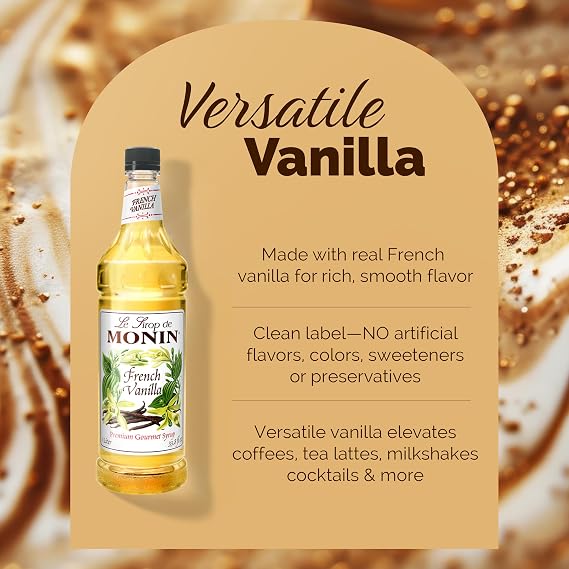 Monin - French Vanilla Syrup with Monin BPA Free Pump, Boxed, Versatile Flavor, Natural Flavors, Great for Coffees, Cocktails, Shakes, and Kids Drinks, Non-GMO, Gluten-Free (1 Liter, 2-Pack)