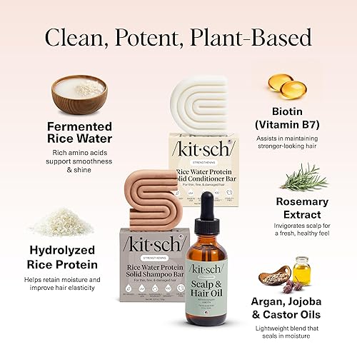 Miniatura 5 de Kitsch Set de champú y acondicionador de agua de arroz + suero para el cuero cabelludo prelavado con romero y biotina, barra de champú y