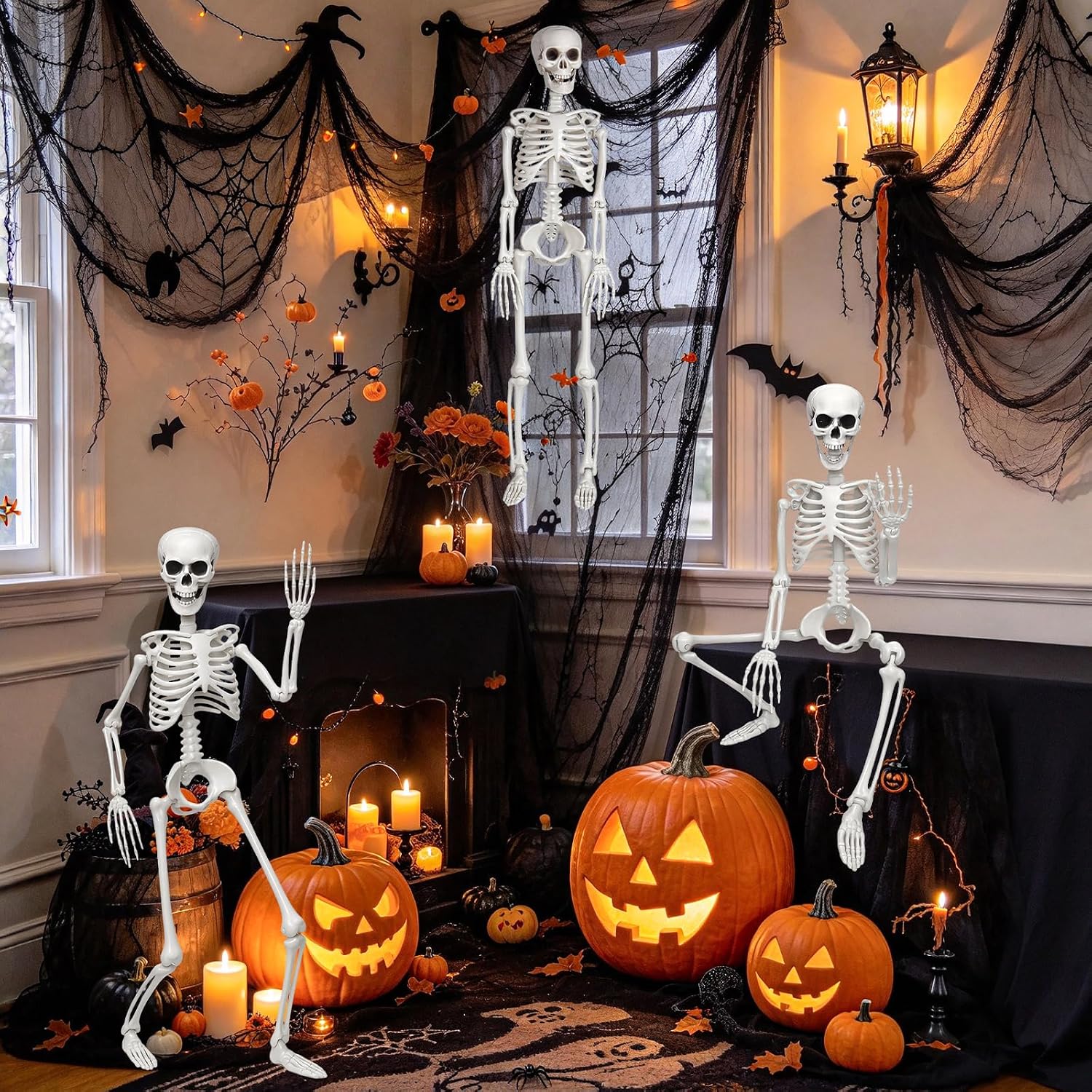  3 Pack 36in Halloween Skeletons,5 Pack 30x72in Black Creepy Cloth,300 sqft Spider Webs with 20 Fake Spiders,Halloween Decorations Outdoor and Indoor Decor Kit thumbnail