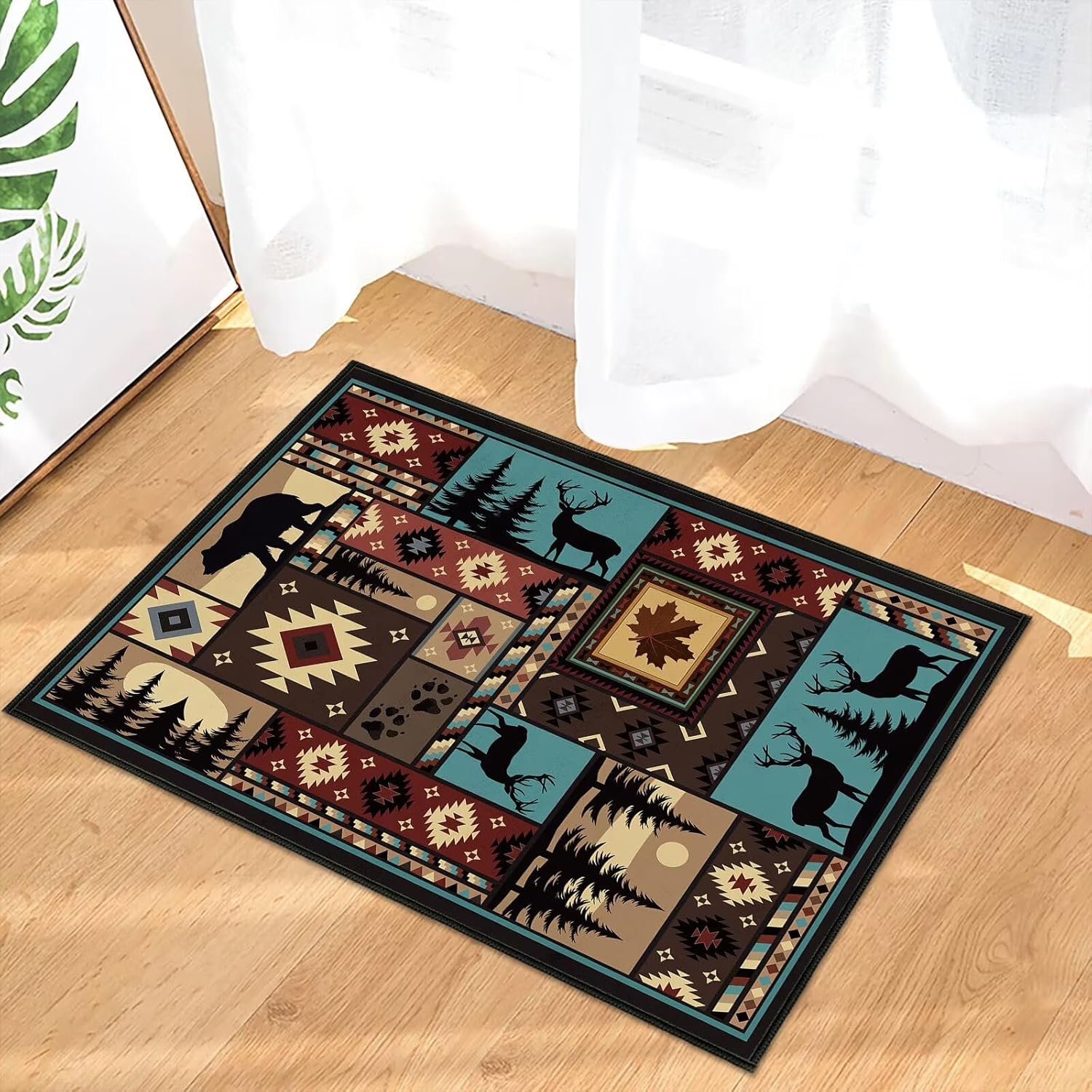 Rustic Cabin Wildlife Runner Rug 2x6 Hallway Rug,Maple Leaf Bear Moose Deer Country,Vintage Area Rugs Washable Runner Carpet Ultra-Thin Non Slip Throw Accent Floor Carpets for Entryway,Kitchen,Bedroom