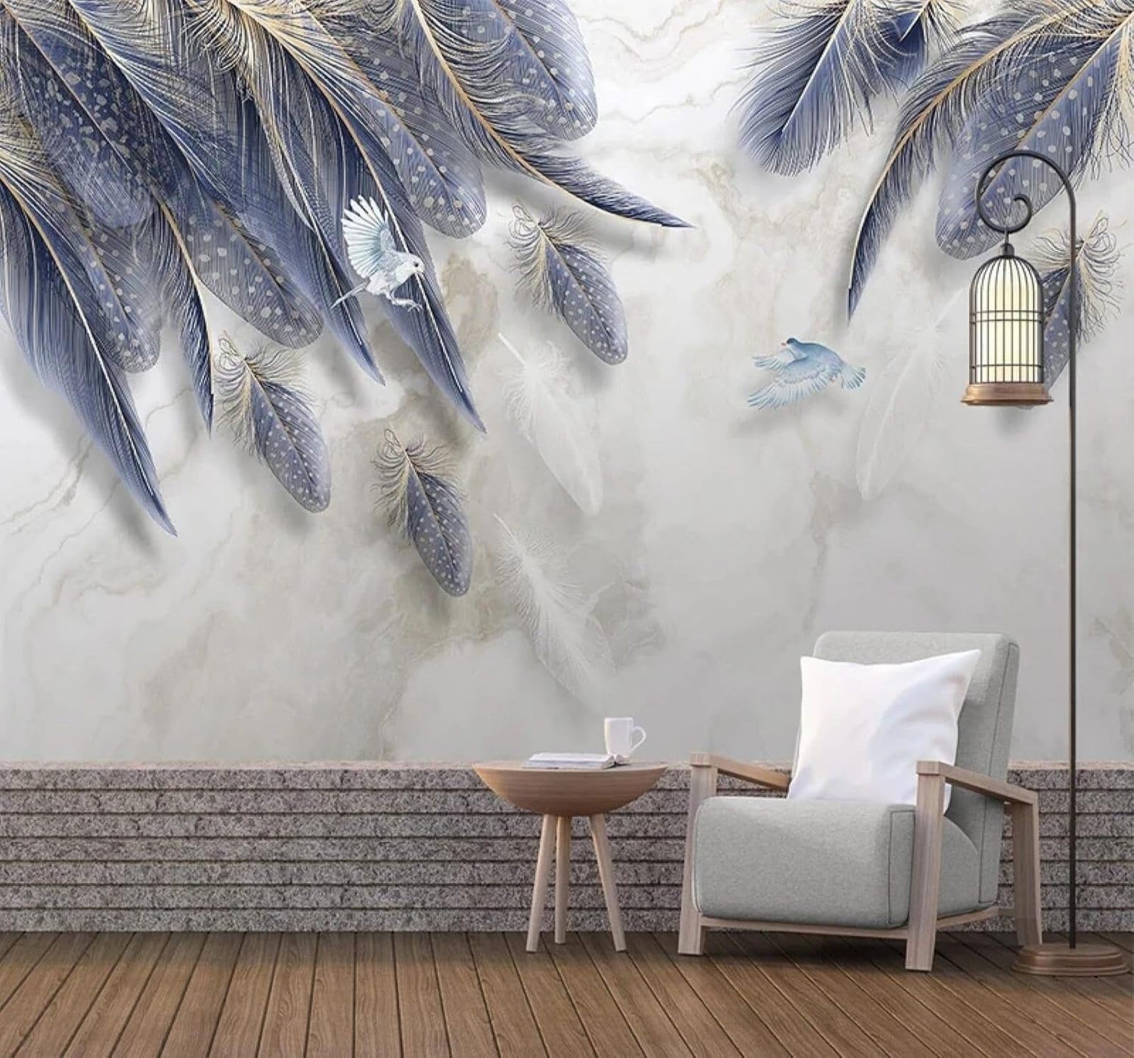 XLMING Minimalist Blue Feathers Birds in Flight Faux Marble 3D Wallpaper Luxury Silk Study Dining Feature Sofa Grey Bedroom Living Room Tv Decorative Wall-200cm×140cm