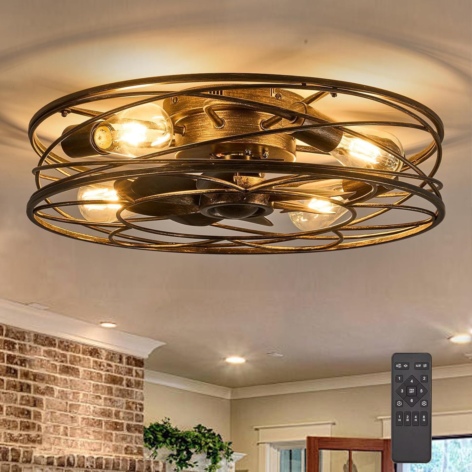 Flush Mount Caged Ceiling Fan: 20" Caged Ceiling Fan with Lights and Remote, Bladeless Low Profile Ceiling Fans 6 Speed Reversible Quiet Industrial Enclosed Ceiling Fan for Bedroom Dining Room Kitchen