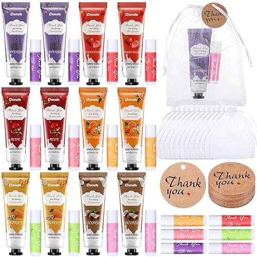 Dansib Regalos de agradecimiento para empleados, bálsamo labial, crema de manos, mini loción de manos con bolsas de organza para golosinas,