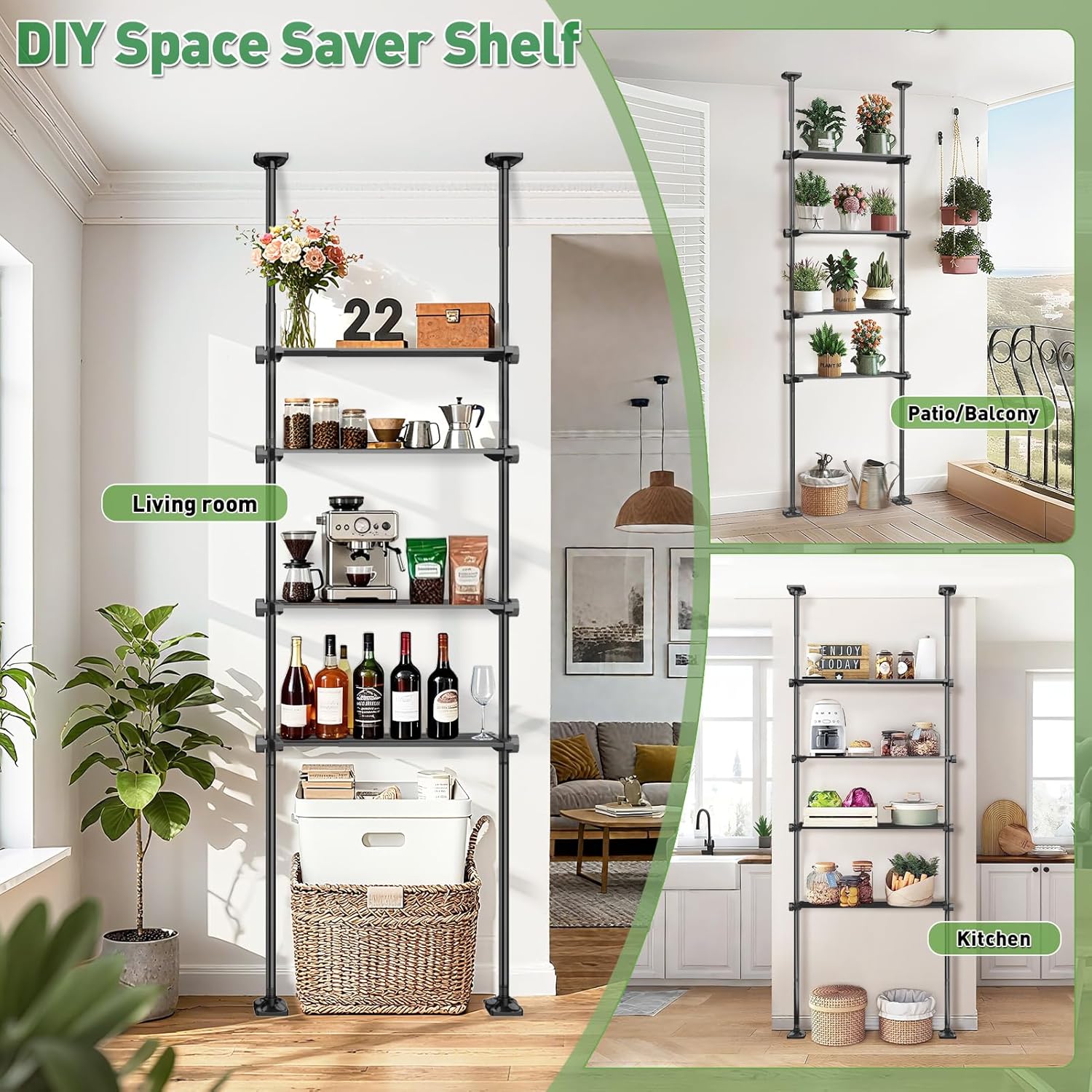 Over The Toilet Storage Shelf, 4-Tier Adjustable Over Toilet Bathroom Organizer,Tension-Mounted Bathroom Storage Rack for Ceilings, No Drill Space-Saving Shelving for Small Rooms,Black