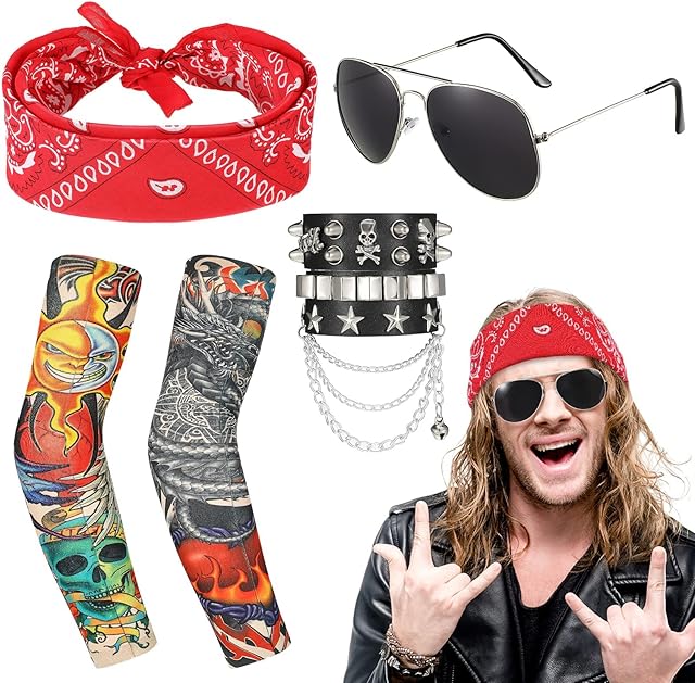 BBTO 6 Pcs Punk Gothic Rocker Kit including 2 Arm Fake Tattoo Sleeves Cover Chain PU Leather Bracelet Bandanas Sunglasses 70s 80s 90s Heavy Metal Disco Costume Accessories for Men Women