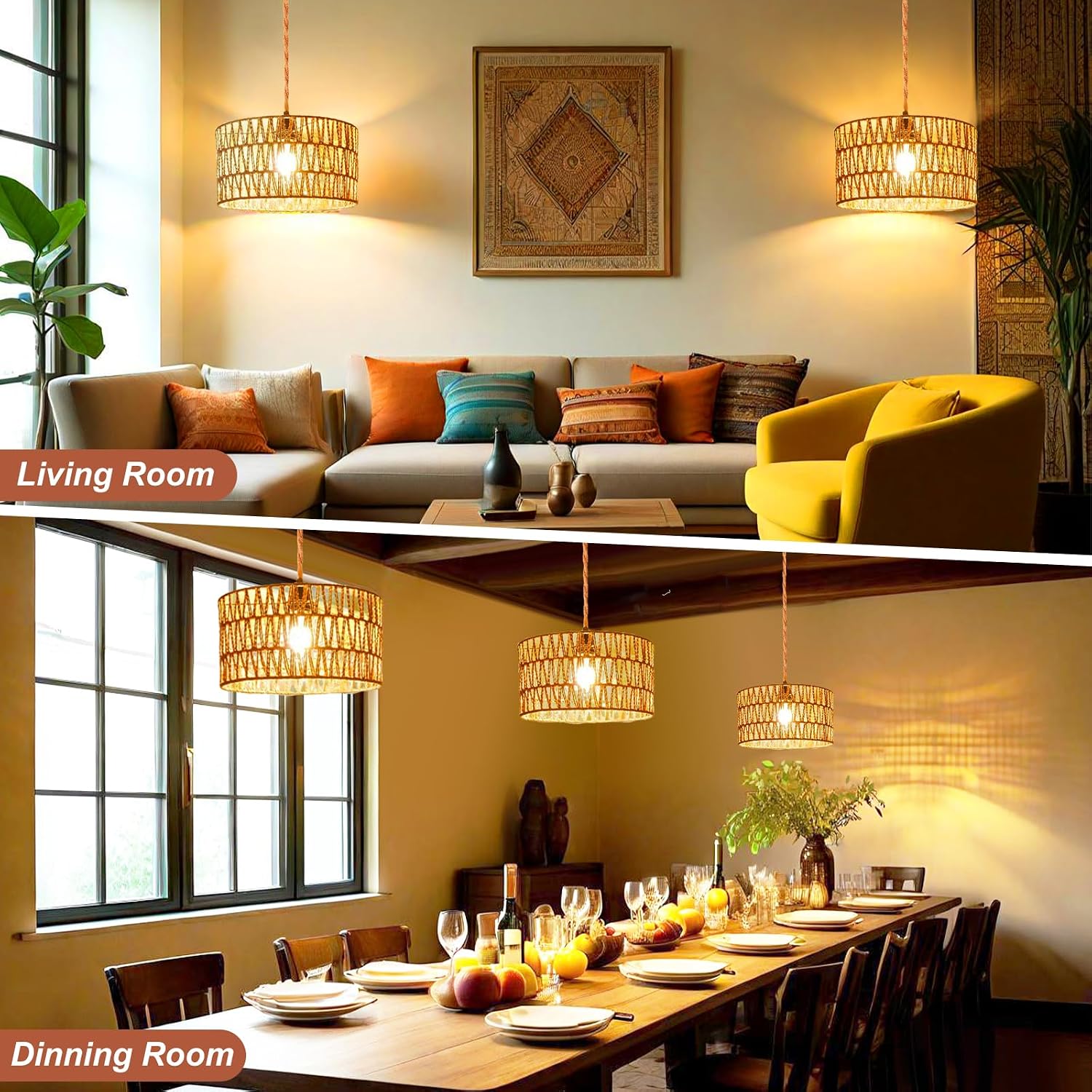 Plug in Pendant Light,Rattan Hanging Lights with Plug in Cord,Handmade Hanging Lamp Plug in,Rattan Light Fixtures Ceiling Hanging for Living Room Bedroom
