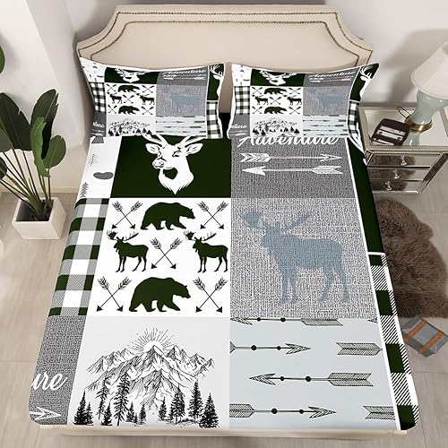 Miniatura 82 de Sábana bajera ajustable de oso de caza, juego de ropa de cama a cuadros de búfalo, sábanas de retazos de cabaña rústica para niños, niños, Multi