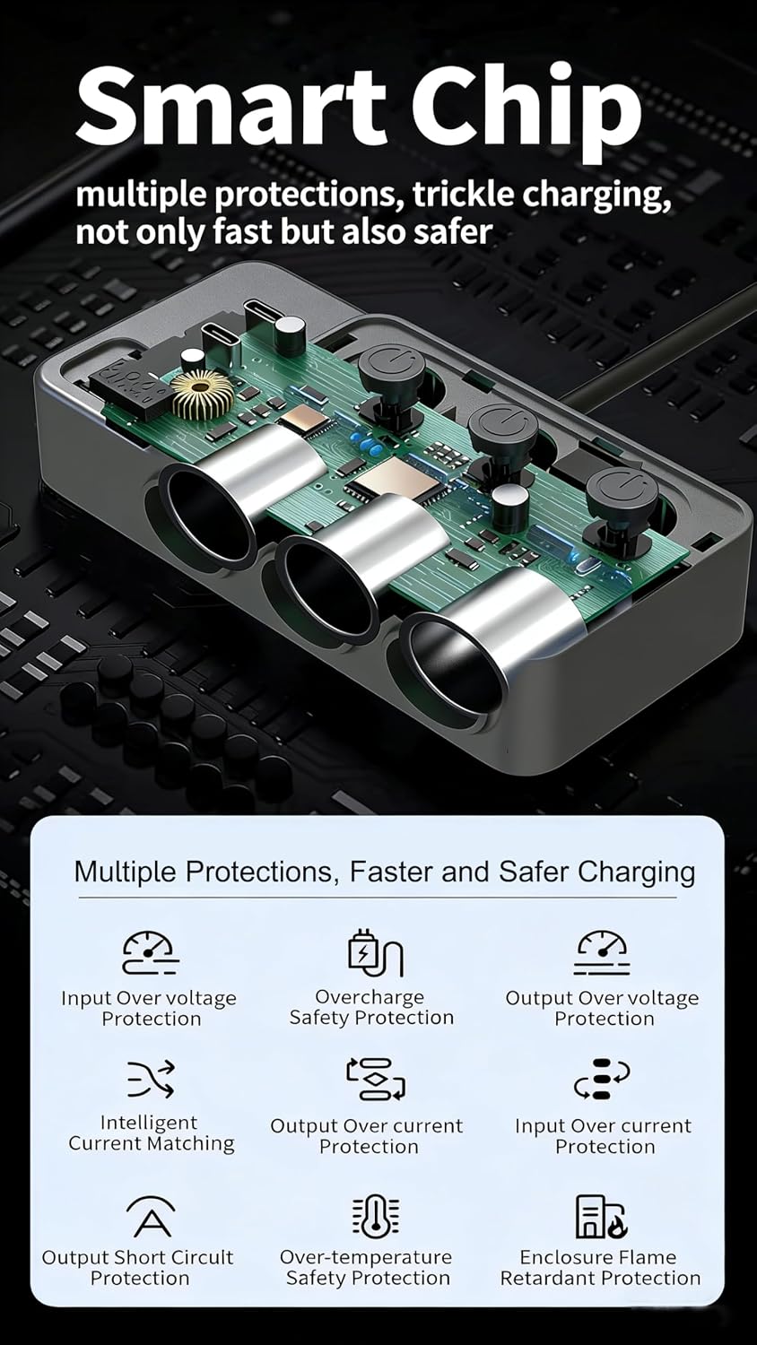 8-in-1 Car Cigarette Lighter Splitter, QC3.0 3 USB Ports & 2 Type-C PD 35W Fast & Safe Charging,3 Sockets with Independent/ Master Switches, Real-Time Voltage Display, Smart Trickle Charging, 12-24V image 4