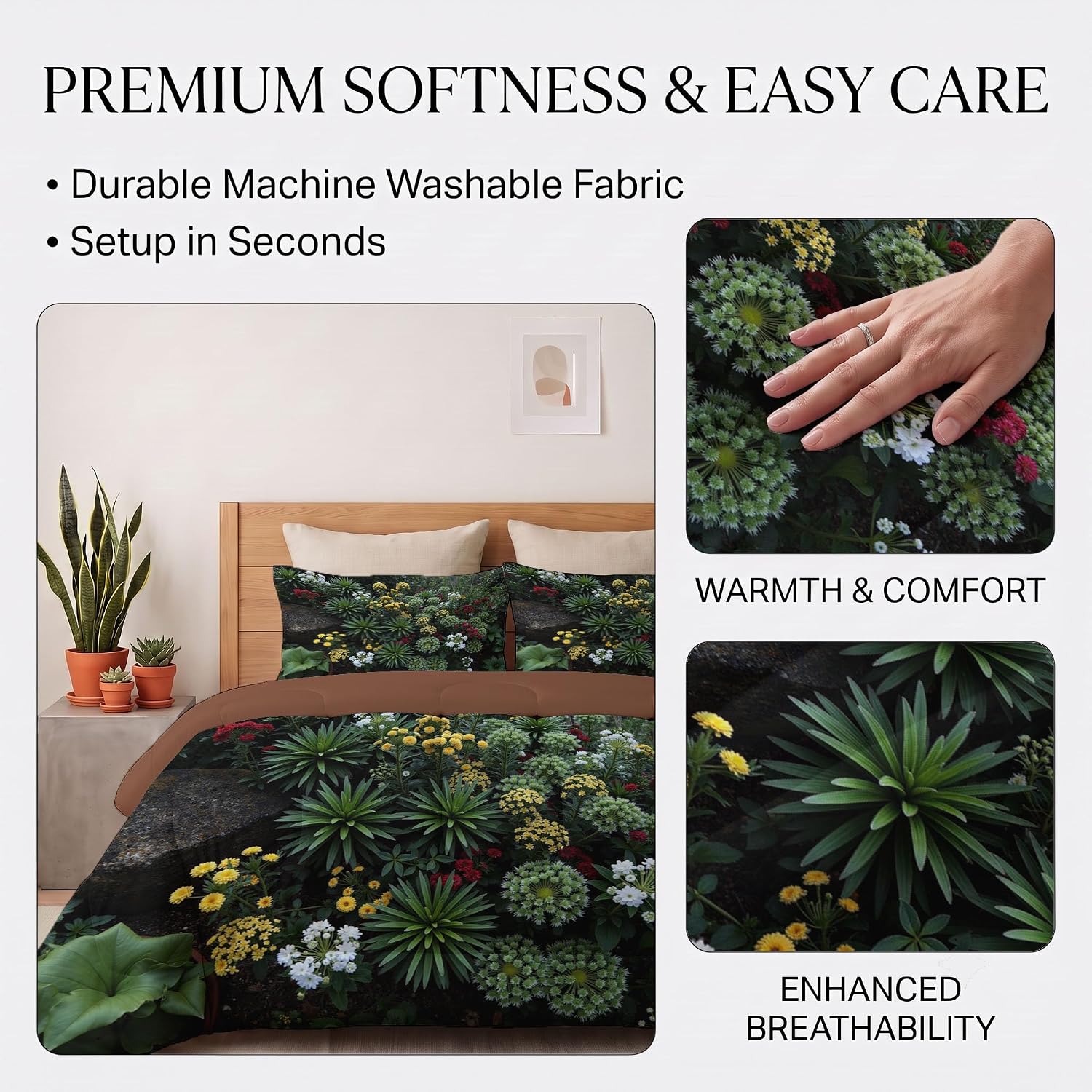 Plants and Flowers Comforter Set Twin Size, Rainforest Wildflowers Print Breathable Bedding Set for Girls Boys Teens, Dark Green Quilt Duvet with 2 Pillow Cases