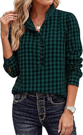 MASCOMODA Womens Long Sleeve Button Down Tops Plaid Shirts