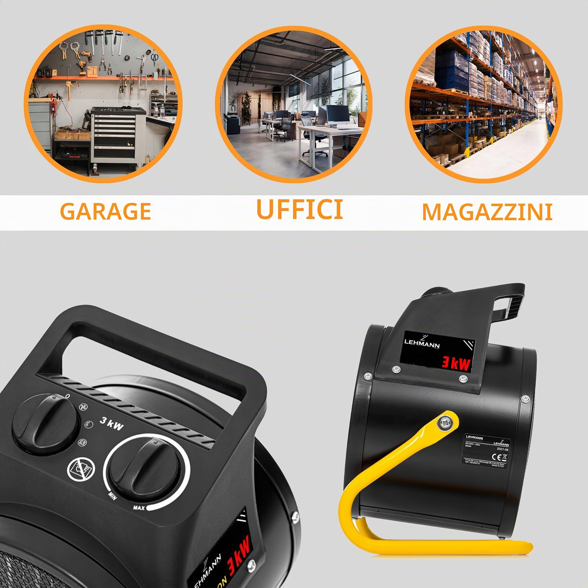 LEHMANN Termoventilatore Elettrico Ceramico, Riscaldamento Rapido 3000 W, 3 Livelli di Potenza, Funzione Aria Fredda, Termostato, Protezione dal Surriscaldamento, Ideale per Casa, Officina e Cantiere