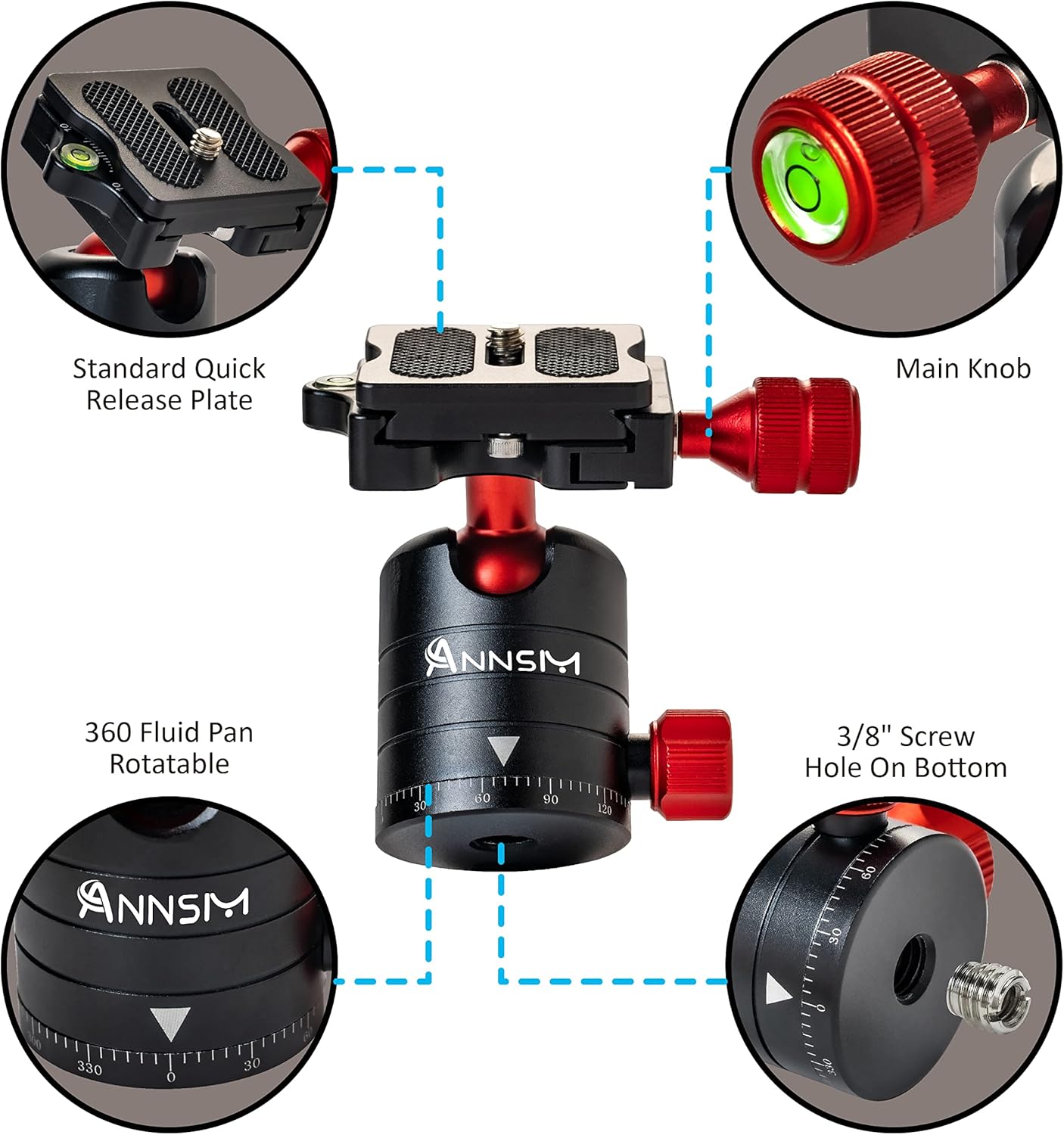 Professional Tripod Ball Head 24mm 360 Degree Swivel Panoramic Head with 38mm Width Quick Release Plate for DSLR Camera Slider Stabilizer Monopod