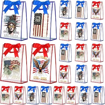 Sweetude 24 Pcs 250th Anniversary Bags 1776-2026 Patriotic Gift Bag with Die Cut Handle 250th Anniversary Party Favors 4th of July American Flag Eagle Goodie Bag for Independence Day, 7 x 10 x 3.15 in
