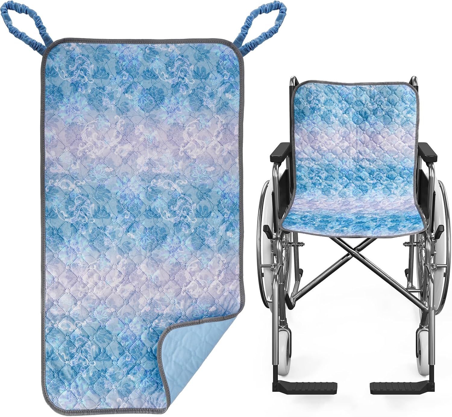 Wheelchair Waterproof Chair Pad for Incontinence, Highly Absorbent Seat Cover for Elderly, Reusable Washable Anti-Slip Seat Protect Cushion with 2 Loop Handles for Adult, Blue, 33.5" x 19.2"