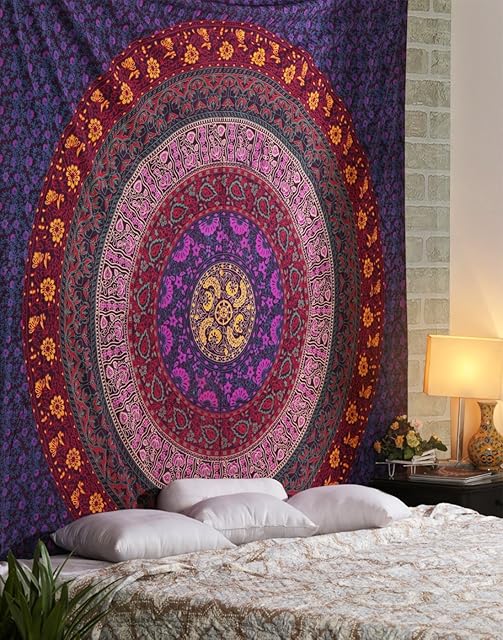 Mandala Tapestry for Bedroom - 213 x 228 cm Large Cotton Bohemian Psychedelic Hippie Aesthetic Tapestries Boho Wall Hanging Art for Home and Living Room Decor - Pink and Purple