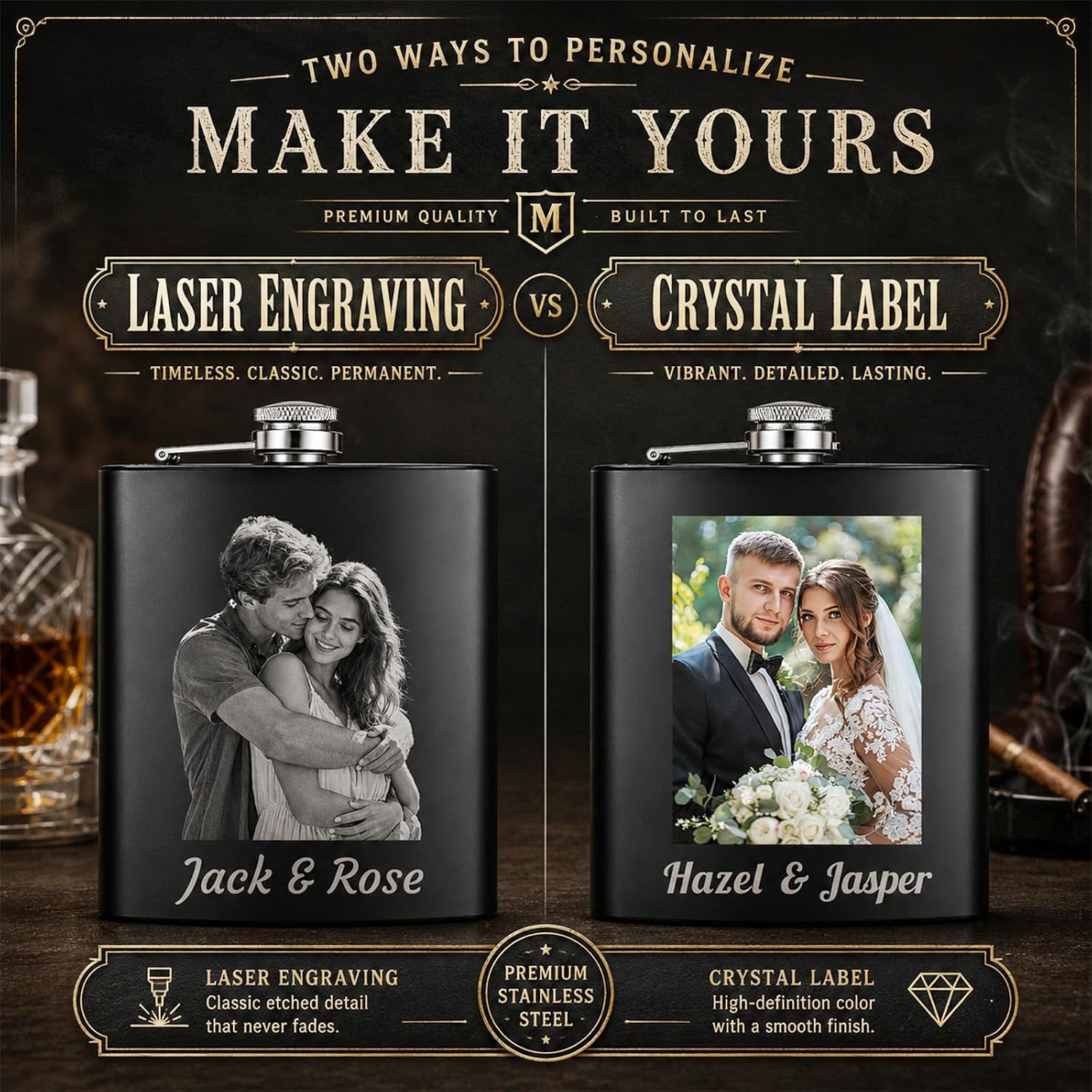 Custom Engraved Flask, 6oz Stainless Steel Hip Flask for Men & Women, Custom Liquor Flask, Groomsmen & Matron of Honor Gift, Fathers Day, Wedding, Birthday Whiskey Flask (photo)