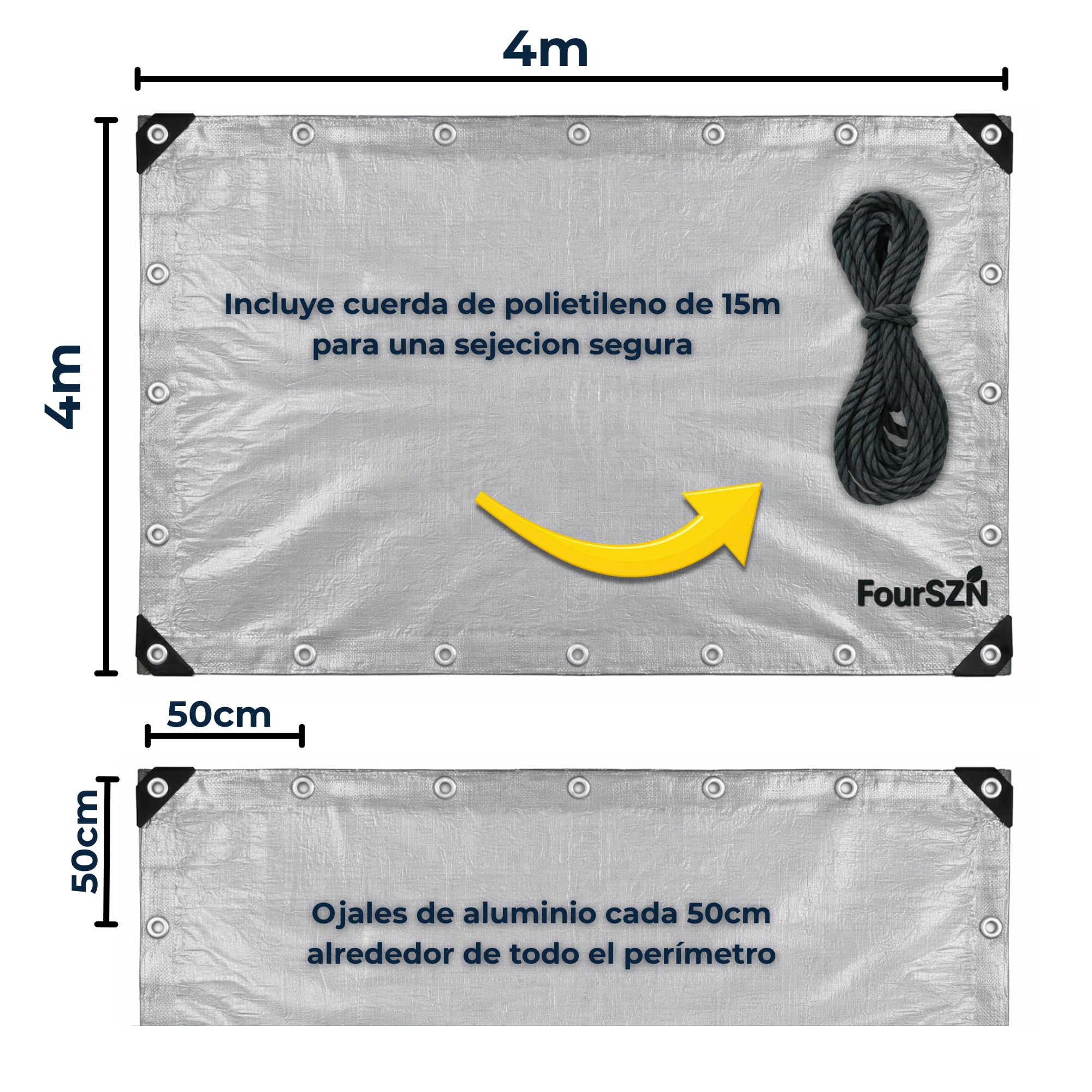 Lona Impermeable Exterior Reforzada 300 g/m², Toldo de Protección PE Doble Cara con Ojales de Aluminio y Cuerda Incluida, Resistente a Rayos UV y Lluvia para Jardín, Piscina, Coche y Leña 4x4m