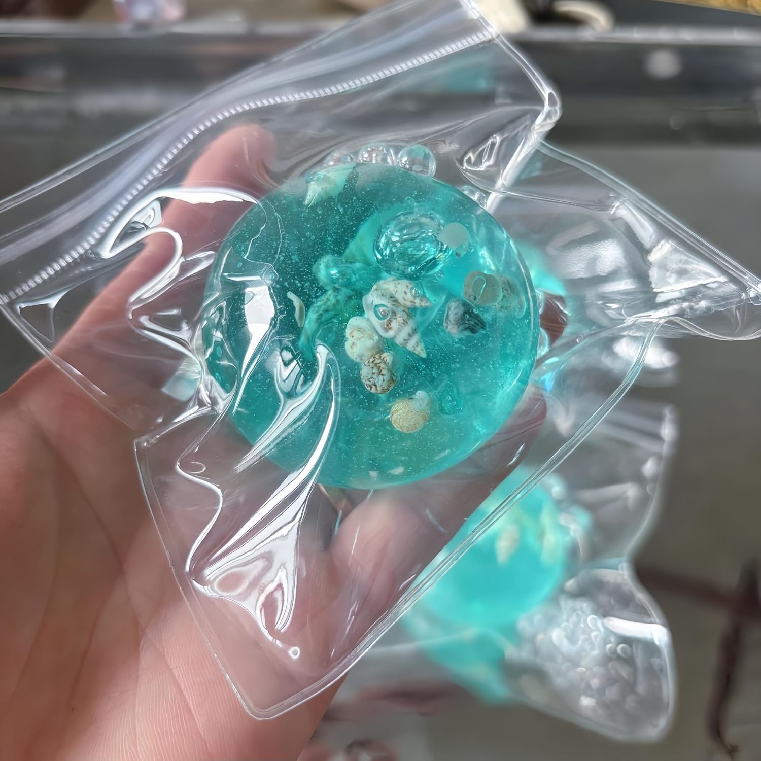 Ice Cube Fidget Toys - Sensory Toys for Kids with Real Sea Shells, Squishy Fidget Toy for Kids & Adults | Non-Toxic Squeeze Ball for Anxiety, Focus & Calm for School, Office