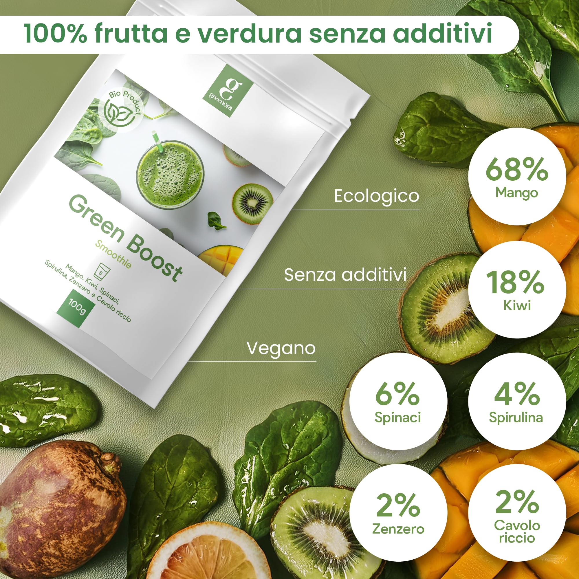GREENORA Polvere di Spirulina, Spinaci, Zenzero, Cavolo Riccio, Mango e Kiwi per Smoothie. Frutta e Verdura Liofilizzata 100% Naturale. Vegan. 100g