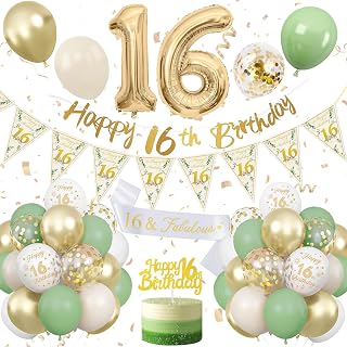 Luchtballon 16e verjaardag saliegroen, 16e verjaardag decoratieset groen wit goud, verjaardagsdecoratie 16 jaar, saliegroene cijfer 16 luchtballonnen met banner taartdecoratie voor vrouw mannen 16