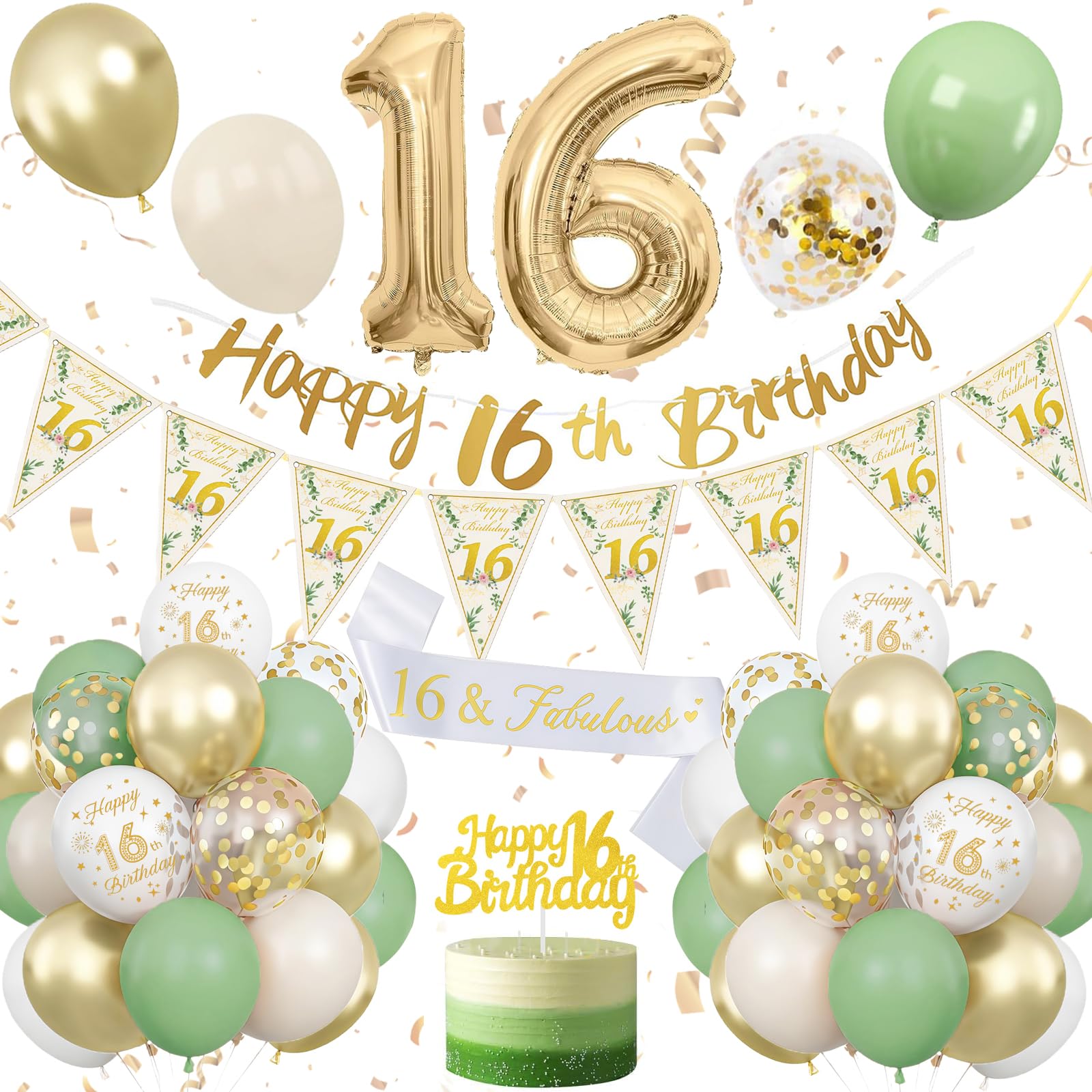 16th Birthday Decoration Sage Green, Green White Gold Birthday Decorations for 16 Year Old, Number 16 Balloons with Banner, Cake Decoration for Boy and Girl, 16 Year Old Birthday Decoration