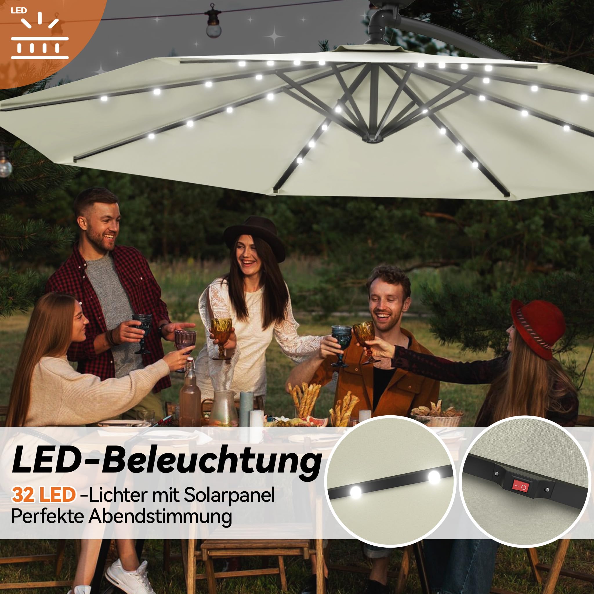 Aufun Ombrelloni in alluminio 300 cm con protezione solare a LED bianchi protezione UV 40+ - ombrellone balcone ombrellone da giardino regolabile in altezza (beige con LED solare)