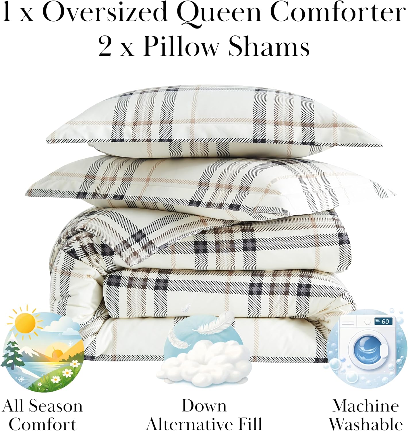 3 Piece Full Queen Size Comforter Set w/ Shams, Tofu Cream Bedding Plaid