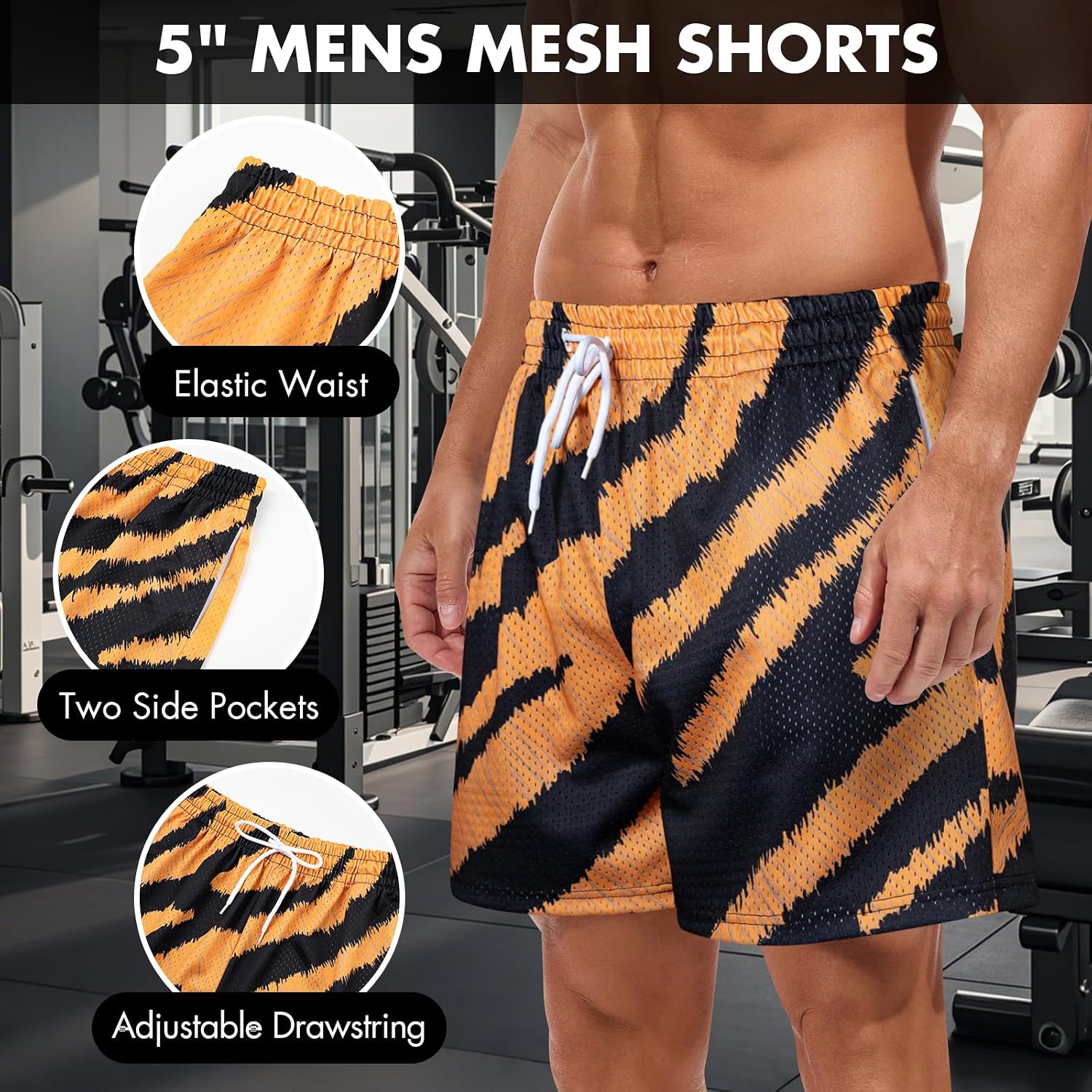 Mens Mesh Shorts Animal Printed 5" Workout Running Athletic Drawstring Shorts with Pockets