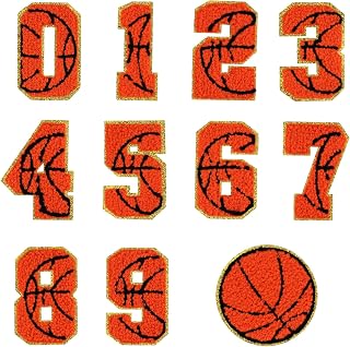 11pcs Number Iron On Patches, Basketball Style 0-9 Number Gold Edges Chenille Embroidered Iron on and Sew on Patches Applique for Decorative Clothing Jackets Backpacks
