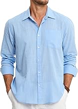 HISDERN Men's Linen Cotton Shirts Long Sleeve Lightweight Regular Fit Solid Button Casual Summer Shirt with Pocket