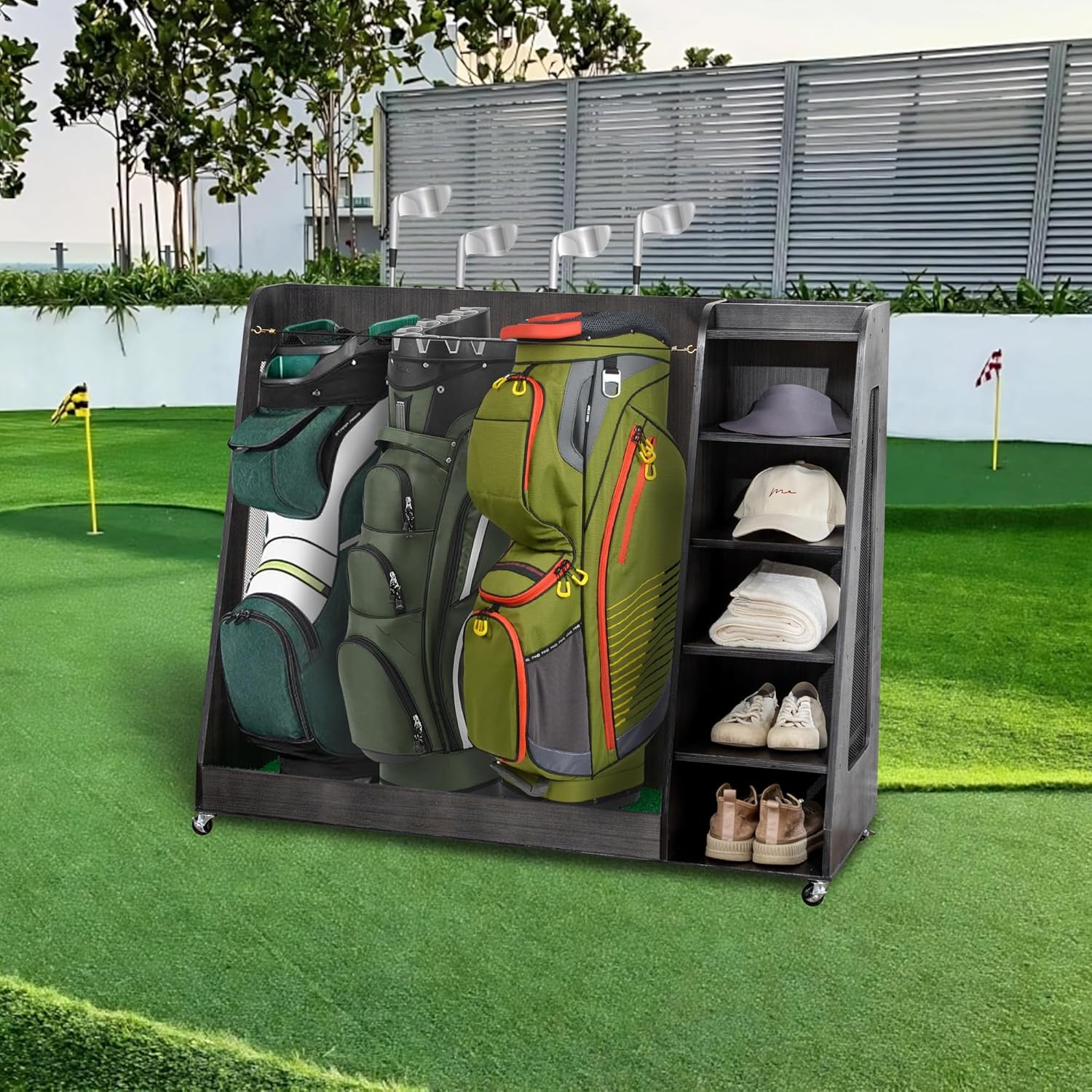 Wooden Golf Bag Organizer and Storage Rack,Easy to Assemble Golf Club Holder Stand with Club Holders on Side