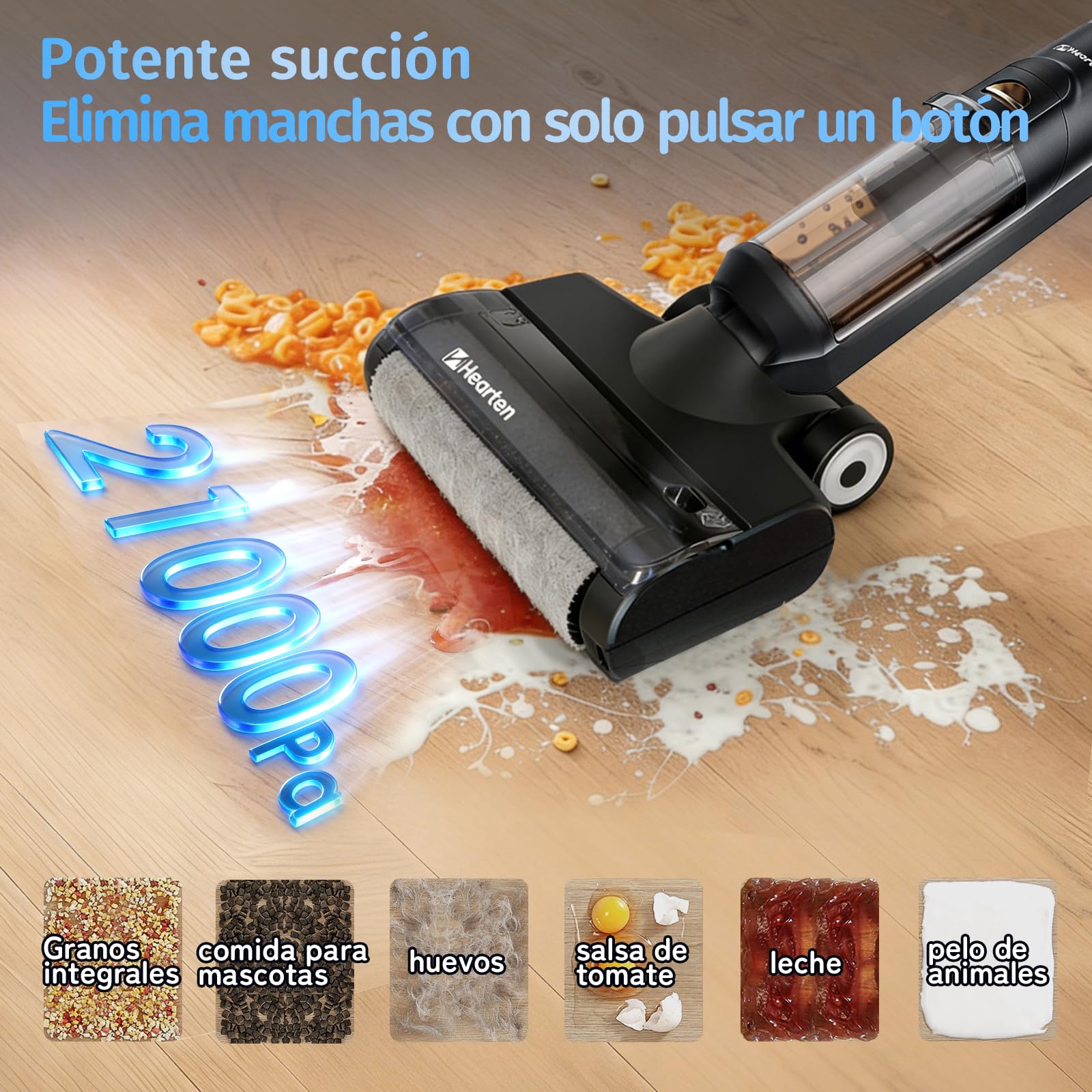 Hearten Aspiradora Fregona,Fregona Aspiradora Inteligente 3 en 1 – Aspirador con Función de Lavado, Autolimpiable, Antienredos, Pantalla LED, 0,7 mm, Autoajuste, para Suelos y Pelo de Mascotas