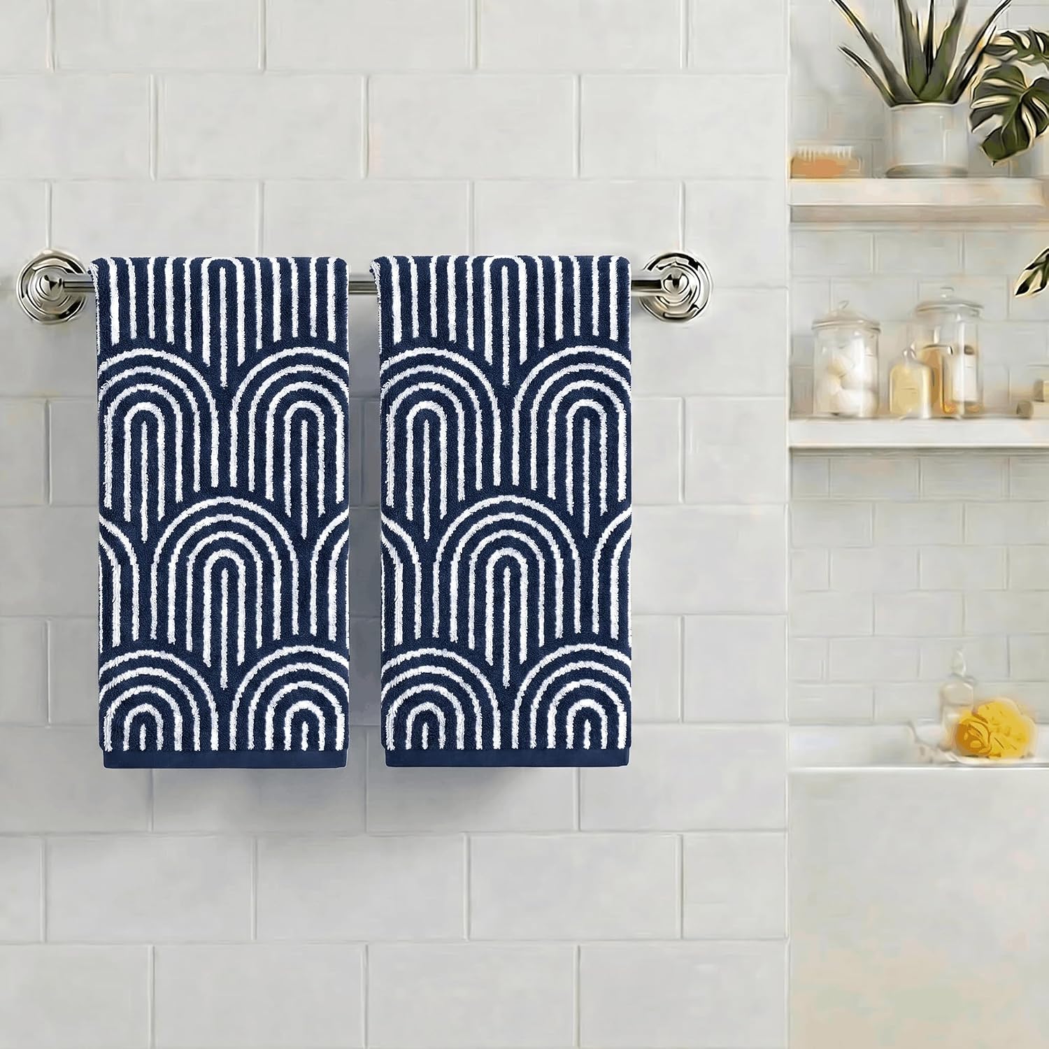 Artoid Mode 2 Pcs Beige Navy Blue Arched Stripes Jacquard Hand Towels for Bathroom, Cotton Soft Absorbent Bathroom Decor Towels, 13.7 x 29.5 Inch