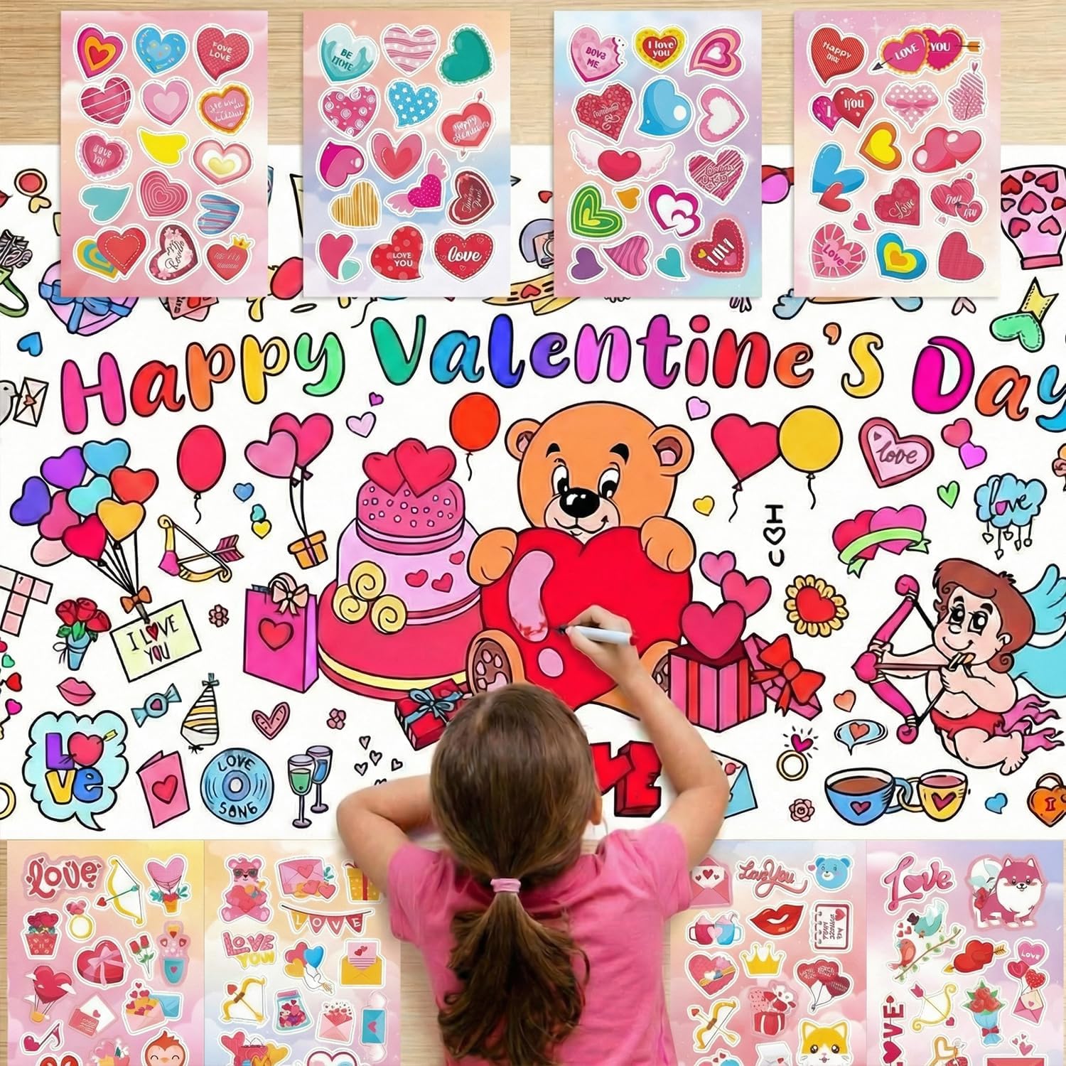 Valentine's Giant Coloring Poster with 110 Stickers - Valentines Day Crafts for Kids Decorations Treats Favors Gifts for Kids Classroom (Valentine's)