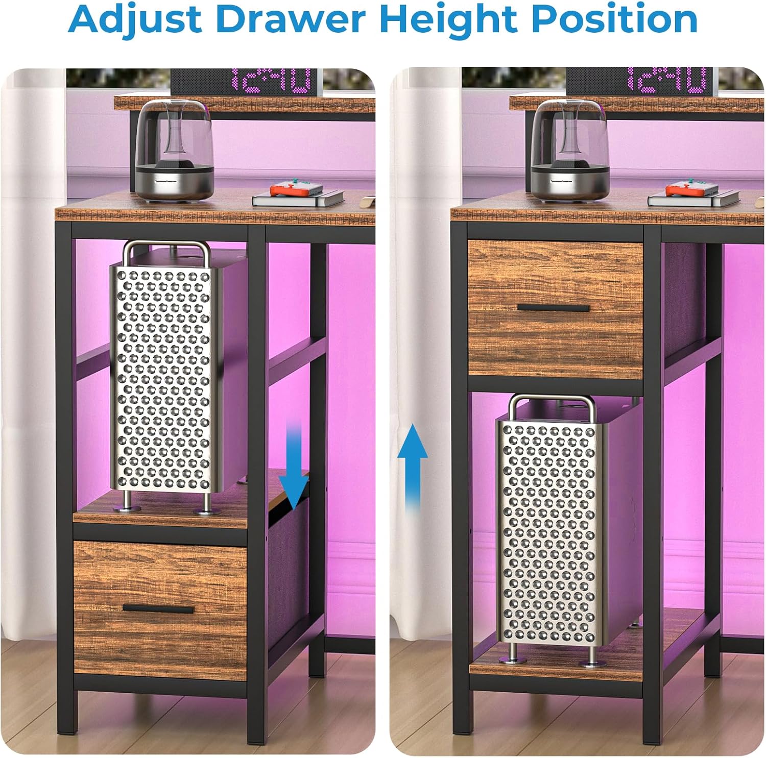 Diagram illustrating the ergonomic benefits of the monitor stand, showing correct and incorrect sitting postures.