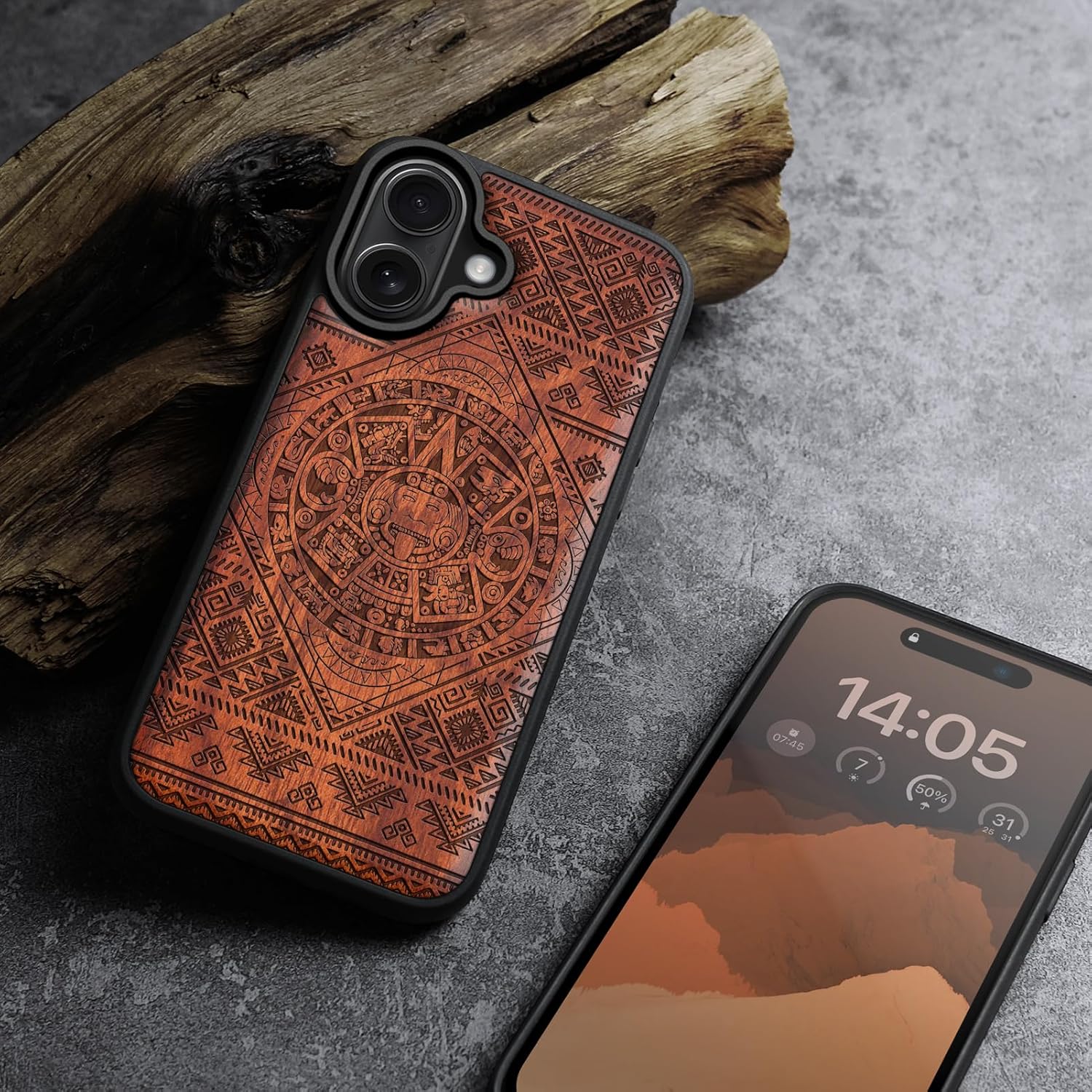 Carveit Magnetic Wooden Case for iPhone 16 Case, Wood Artisan Engraved & Black Soft TPU Shockproof Cover, Compatible with MagSafe Wireless Chargers (Aztec Calendar) Rosy