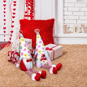 Valentines Gnomes Plush Decorations, 2 Pack Candy Heart Valentines Gnomes with Long Leg Couple Plush Gnomes Swedish Tomte for Home Table Tray Mantle Fireplace Valentine's Day Decor Gifts