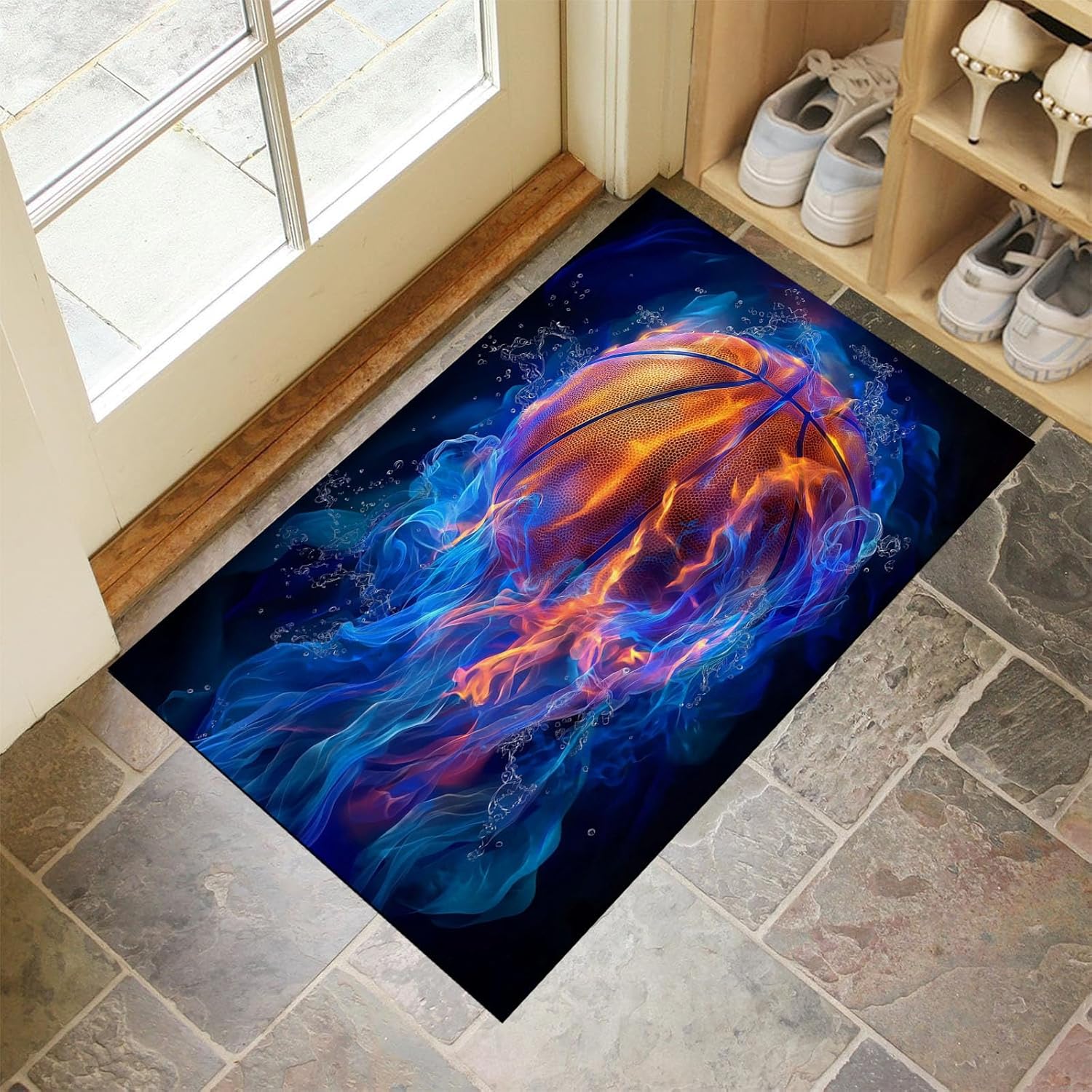 Blue Flames Basketball Washable Indoor Door Mats for Entryway, 24Wx36L Non Slip Thin Rugs Fit Under Door, Dynamic Sports Scene Small Rugs for Bedroom Kitchen Entrance, Dark Blue